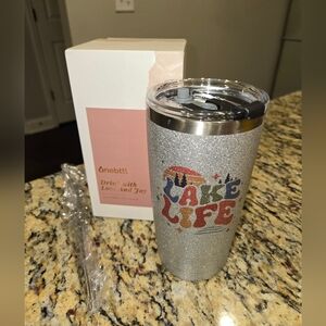 NIB ONEBTTL Silver Glitter Tumbler - Lake Life Design